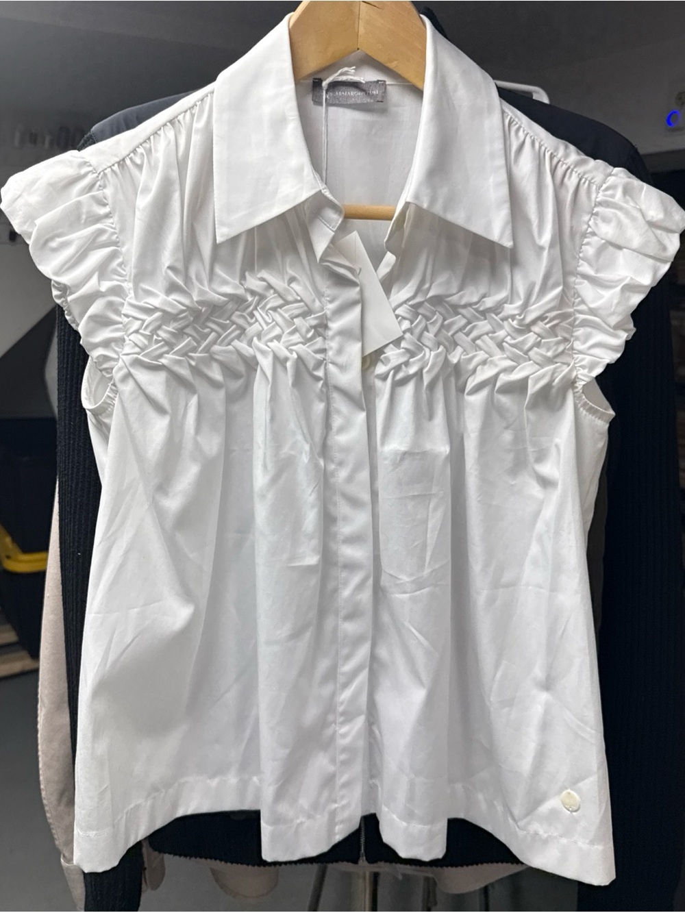 White Short-Sleeve Smocked Yoke Button-Front Blouse - Women